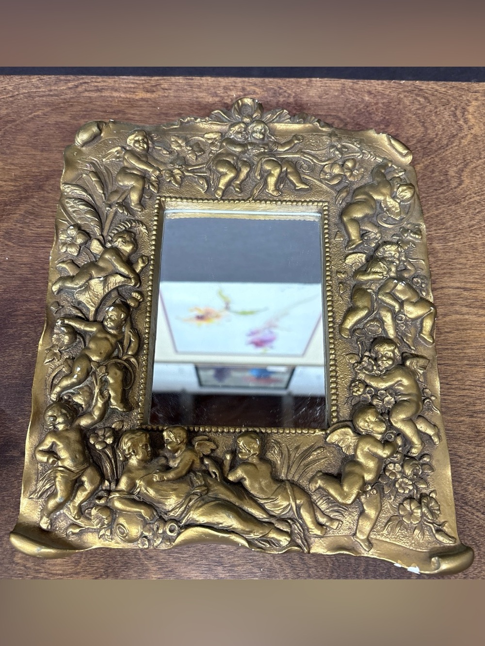 Gargoyle Studio Vintage Ornate Cherub Accent Mirror in Gold -